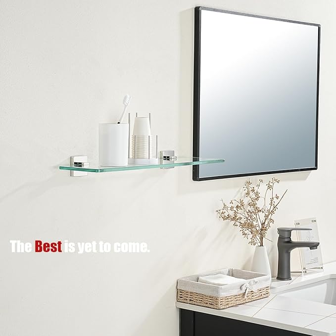 JQK Bathroom Glass Shelf, Floating Tempered Glass Shower Storage 20 by 5 inches, 304 Stainless Steel Polished Chrome Wall Mount 2 Pack 2 Pack, TGS201L20-CH-P2