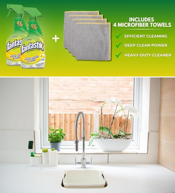 Fantastik Lemon Scent Multi-Purpose Cleaner Spray 32 oz Bundle with Microfiber Cloth - Multi-Surface Cleaner - Removes Grease & Grime - Leaves a Fresh, Clean Finish - (6 Items)