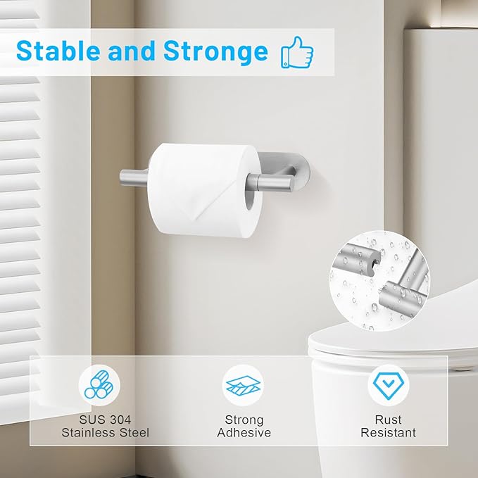 2 Pieces Self Adhesive Brushed Nickel Toilet Paper Holder, Commercial Toilet Paper Dispenser Toilet Roll Holder, Double Base Paper Towel Holder Wall Mount No Drilling for Bathroom, Kitchen