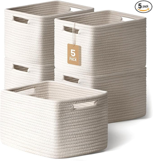5 Pack White Woven Storage Baskets for Shelves, Decorative Basket Organizer Storage Bins for Toys, Books, Clothes, Closet, Nursery, Bathroom – Cotton Rope Shelf Baskets for Organizing and Decor