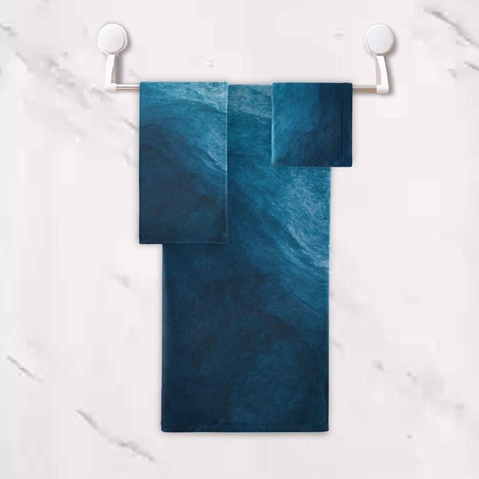 3 Piece Blue Sea Waves Bath Towel Set,Microfiber Modern Abstract Navy Ocean Beach Theme Decorative Guest Bathroom Towels,1 Bath Towel 1 Hand Towel for Bathroom Kitchen,1 Washcloth for Face