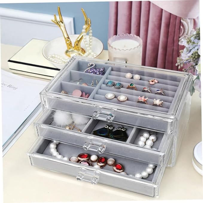 Acrylic Makeup Organizer Box 3 Layers Jewelry Storage Case for Cosmetics and Accessories for Vanity Table and Bedroom Display