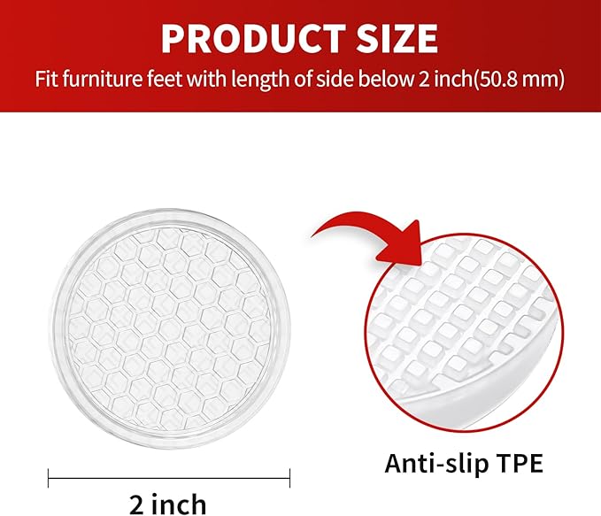 Ezprotekt Non Slip Furniture Pads, 12 Pcs 2" Anti Slip Rubber Caster Cups, Anti Skid Furniture Coasters for Hardwood Floors, No Slide Furniture Gripper, Furniture Stoppers to Prevent Sliding (Clear)