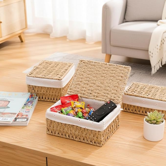 Wicker Shelf Basket with Lid Paper Storage Baskets for Shelves Large Storage Bin with Removable Liner Nesting Decorative Woven Basket for Makeup Closet Organizer (Large, Khaki)