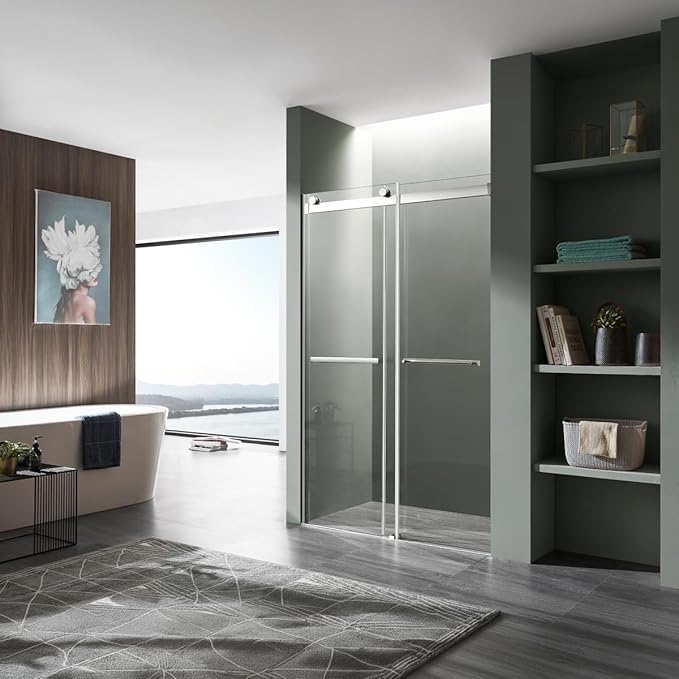 ANZZI Kahn 48x76inch Frameless Sliding Shower Door with Horizontal Handle in Polished Chrome, Scratch Resistant Dual Protective Coating Tempered Deco-Glass Easy Glide Shower Door, SD-FRLS05801CH