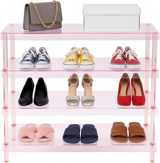 4-Tier Acrylic Shoe Rack for Closet, Clear Shoe Organizer - Entryway Shoe Organizer, Modern Free Standing Shoe Storage Shelf, Holds 12-16 Pairs of Shoes for Entryway, Closet, 31.5”×11.81”×28.35”