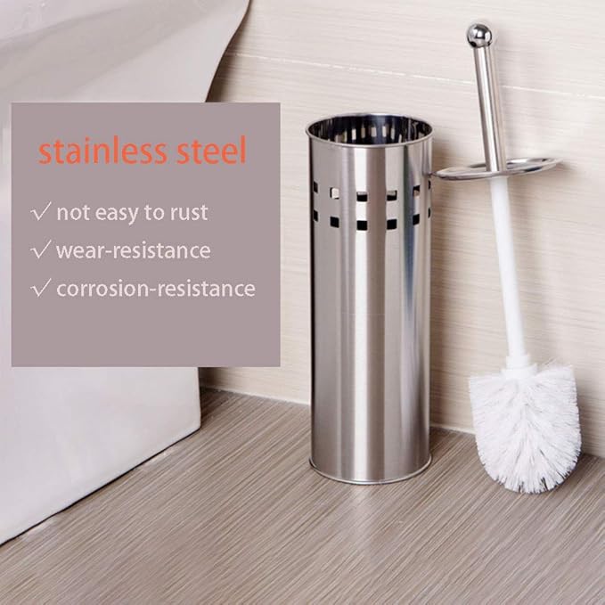 tooloflife Toilet Brush Rust-Resistant with Strong Bristles and Soft Handle Holder Set for Toilet Cleaning Silver