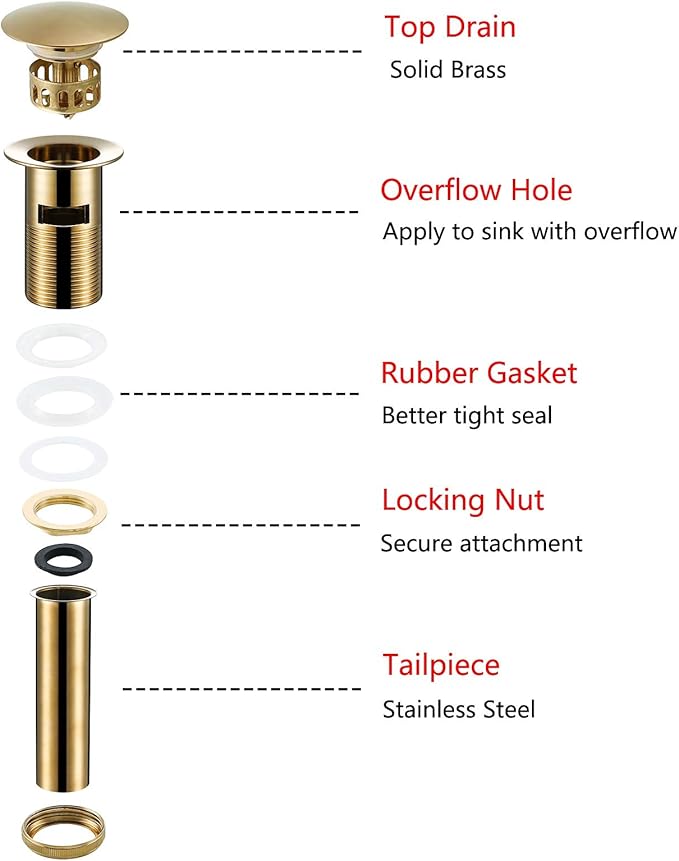 Champagne Bronze Sink Drain with Overflow,Brass Bathroom Sink 1 1/4 Drain with Removable Brass Strainer Basket Push Sink Pop Up Drain,83606-1CB.