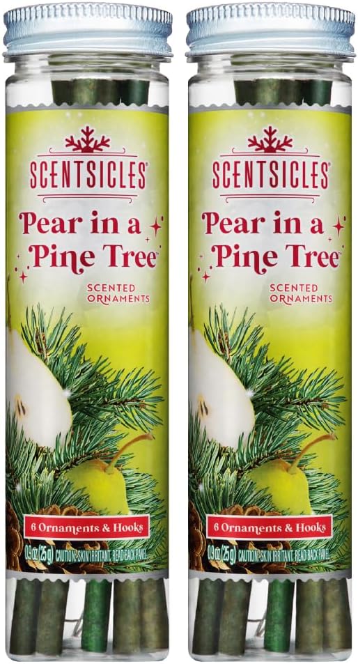 Scentsicles Pear in Pine Tree Scented Christmas Ornaments with Hooks - 2 Bottles (12 Sticks Total)
