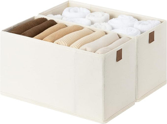 StorageWorks Thin Narrow Baskets for Storage, Small Storage Bins, Fabric Storage Bins with PU Handle, Ideal for Slim Shelves, Clothes, and Toys, Beige, 2-Pack