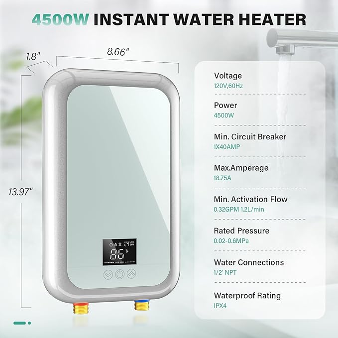 Tankless Water Heater Electric 4500W Instant Hot Water Heater Under Sink, Point of Use Water Heaters with Digital Display for Kitchen Bathroom