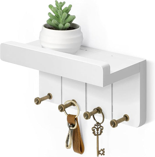 Rebee Vision Small Key Holder Wall Mount - Aesthetic Room Decor with 4 Study Hooks and Mini Floating Shelf - Ideal Apartment Essentials for Farmhouse Living Room and Home Decor (Modern White)