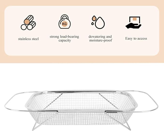 Over the Sink Colander, Expandable Baskets with Fine Mesh Strainer Handle Stainless Steel Rectangle Kitchen Colanders for Strain Drain Rinse Fruits Vegetables Pasta New Home Essentials (Silver)