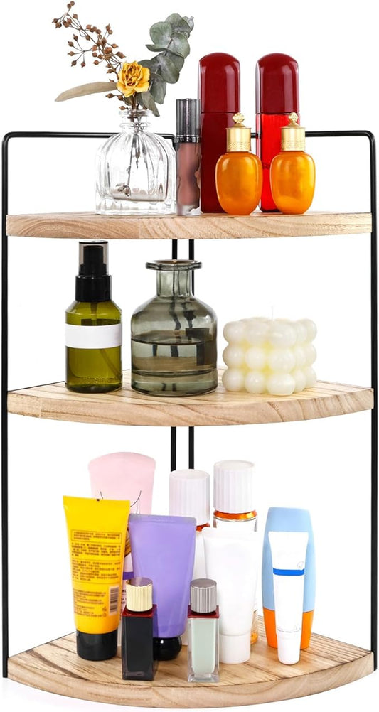 Corner Bathroom Counter Organizer Countertop Brown, 3-Tier Corner Shelf Wood Vanity Tray Easy Assembly Space Saving Shelf for Kitchen, Bathroom, Dresser, Makeup, Office