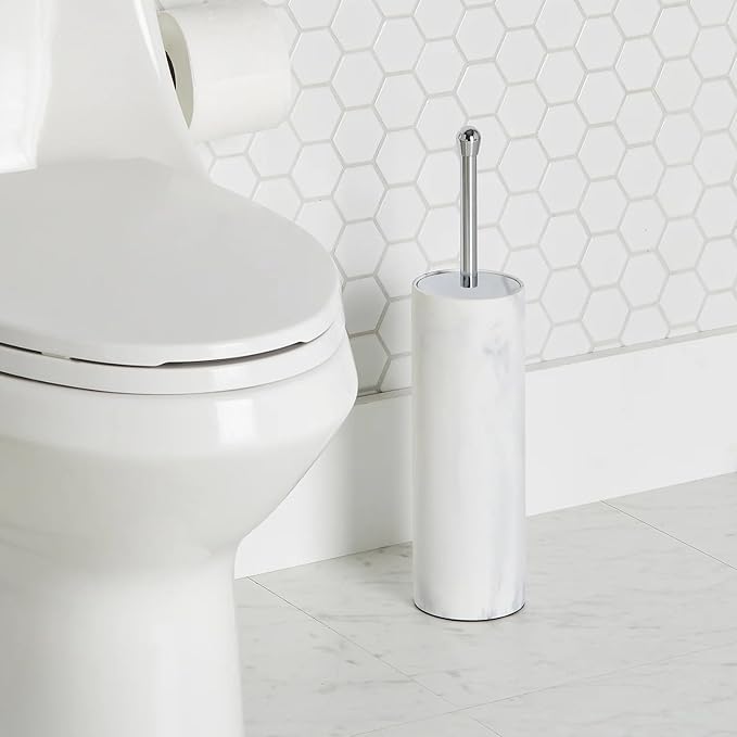 Faux Marble Toilet Brush and Holder, White, Bathroom Cleaning Brush, Toilet Bowl Brush Set, Plastic & Steel Toilet Brush for Bathroom