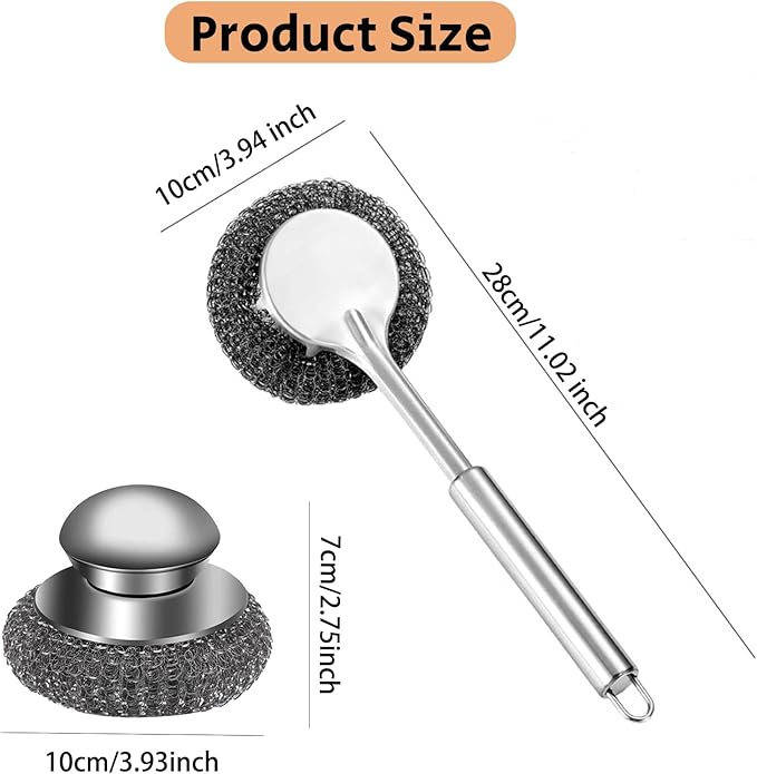 Steel Wool Scrubber with Handle, Stainless Steel Pan Cleaner Scrubber with Long Short Handle Cleaning Brush Metal Scrubber with Replacement, Steel Scrubber for Dishes Tableware Home Kitchen
