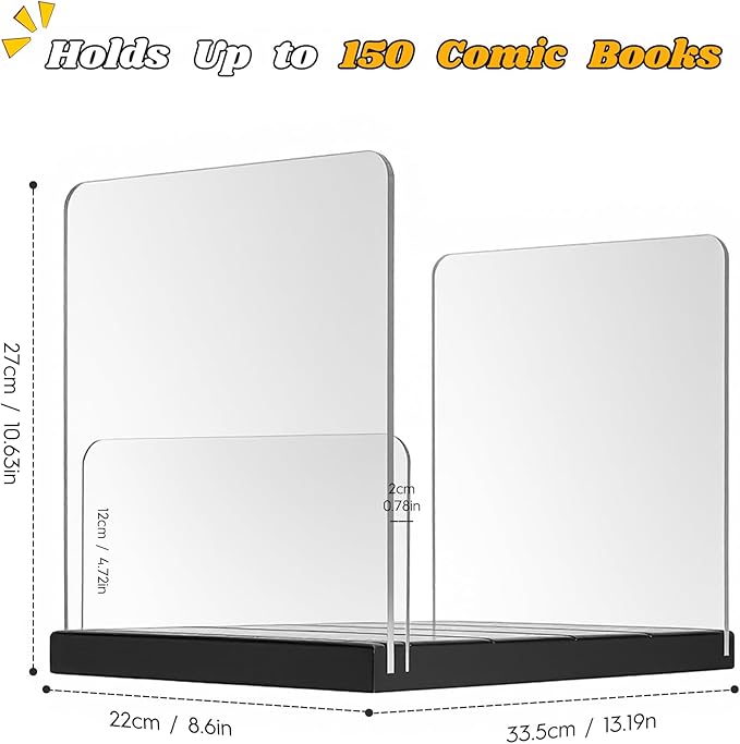 Comic Book Storage Holder，Wood Comic Book Case with three acrylic dividers，Acrylic Comics Book Box，Bin & Organizer，Stores Up To 150 Comics (Black)
