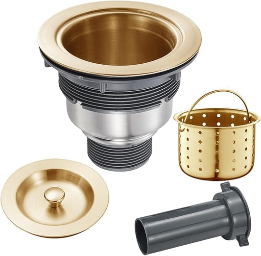 POPFLY 3-1/2 Inch Sink Drain Assembly Brushed 304 Stainless Steel Removable Deep Strainer Basket, Rust-Proof & Easy Install with Sealing Lid＆Tailpiece, for Home/Bathroom/Commercial Sinks, Gold