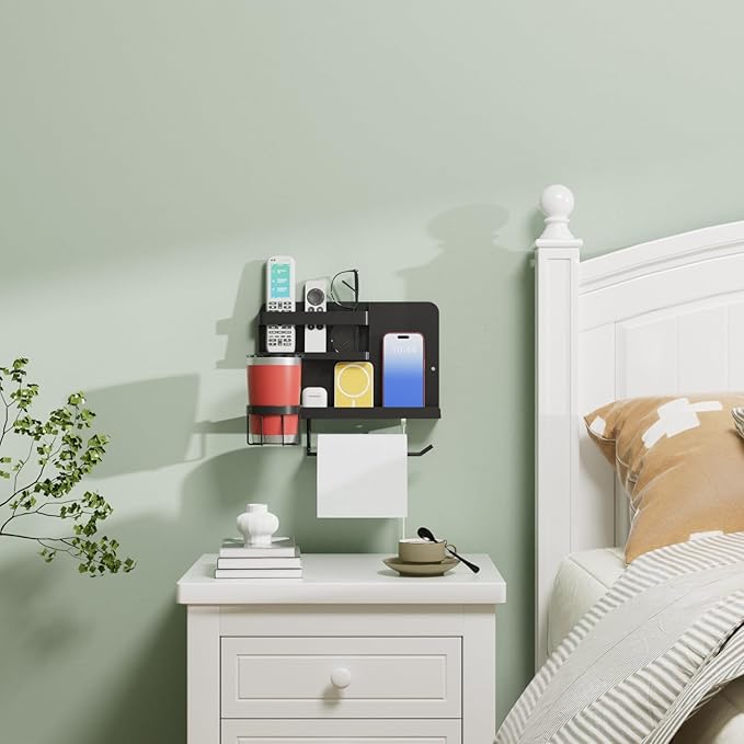 Floating Shelves for Bedside, Self Stick On Wall Mount Shelf Organizer with Hooks, Cute Room Decor Aesthetic, Multi-Functional Storage for Bedroom, Office, No Drilling Adhesive Hanging Shelf (Black)