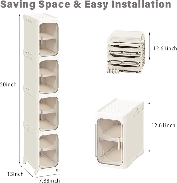 4-Tier Slim Bathroom Storage Cabinet, Narrow Storage Cabinet with Wheels, Adjustable Shelves, Magnetic Doors, Water-Proof, Anti-Tip Skinny Organizer Cabinet for Small Space, Cream White