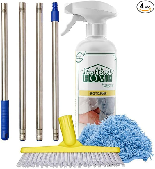 CHOMP! Grout Cleaner Bundle, Includes Long Handle Stand Up Brush, Refreshes Grout and Removes Stains on Tile Floors and Bathroom Walls & Kitchens (4 Pack Set)