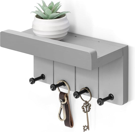 Rebee Vision Small Key Holder Wall Mount - Decorative Key and Mail Holder for Wall with Shelf and 4 Hooks for Aesthetic Room Decor - Modern Apartment Essentials for Home Decor (Light Gray)