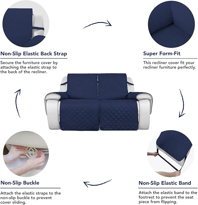 PureFit Water Resistant Reversible Sofa Covers for Reclining Sofa 2 Seat - Non Slip Split Recliner Couch Cover for Double Recliner, Washable Furniture Protector for Kids, Dogs (2 Seat, Navy/Ivory)