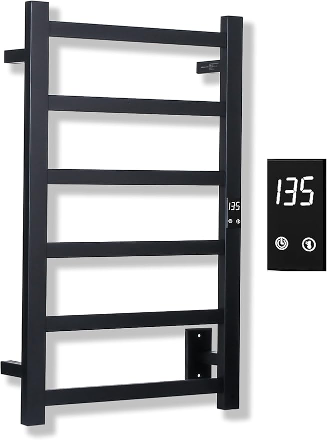 Electric Towel Warmer | Super Thin | with Timer & Temperature Multi-Level Adjustments | Hardwired & Plug-in | 6 Bar | Matte Black Finish