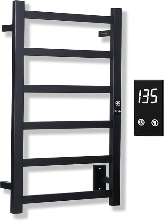 Electric Towel Warmer | Super Thin | with Timer & Temperature Multi-Level Adjustments | Hardwired & Plug-in | 6 Bar | Matte Black Finish