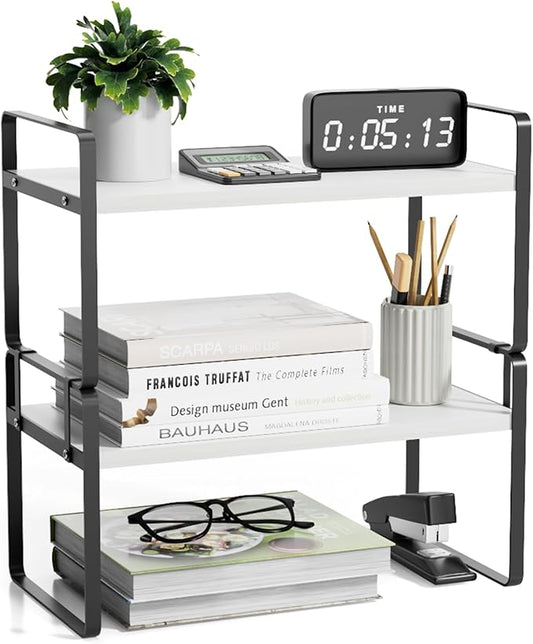 Desk Shelf Organizer for Top of Desk, Detachable 2 Tier Desktop Bookshelf, Wooden Desk Shelves Storage Rack, Small Desktop Shelf for Office Home Dorm, Tabletop Desk Organizer Stand (White+Black)