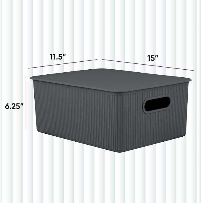 Decorative Plastic Basket Lidded Home Storage Bins Organizer Baskets, Large Grey (1 Pack - 15 Liter) Stackable Container Box, for Organizing Closet Storage Bins for Shelves - Ribbed Collection