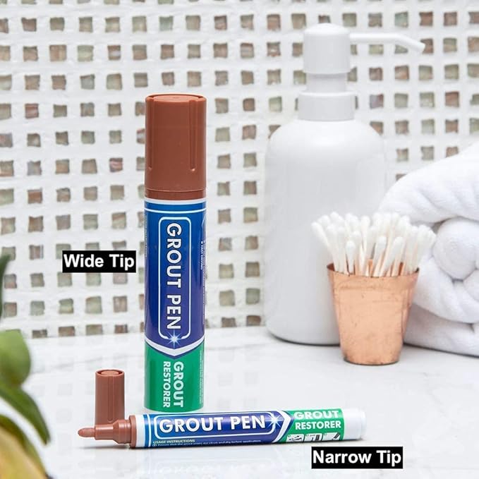 Grout Pen Tile Paint Marker: Waterproof Grout Colorant and Sealer Pen to Renew, Repair, and Refresh Tile Grout - Cleaner Coating Stain Pens - 2 Pack, 15mm Wide Terracotta and 5mm Narrow White Tip