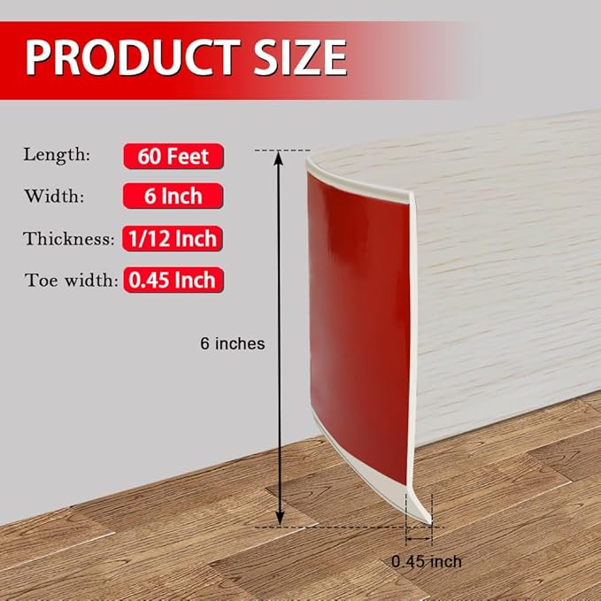 Vinyl Wall Base Baseboard Molding Trim 6" Flexible Self Adhesive Rubber Wall Base Moulding Trim Peel and Stick Design, 6 Inch x 60 Feet, Beige Wood