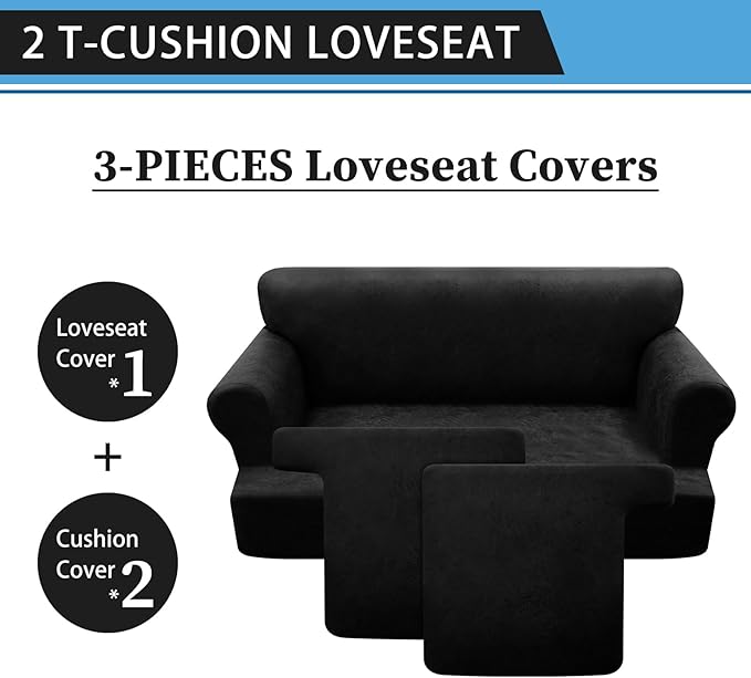 3-Pieces T Cushion Loveseat Slipcovers Leather Look Couch Cover Loveseat Covers for 2 Cushion Couch Furniture Protector Stretch Sofa Cover with 2 Individual T Cushion Seat Covers, Black