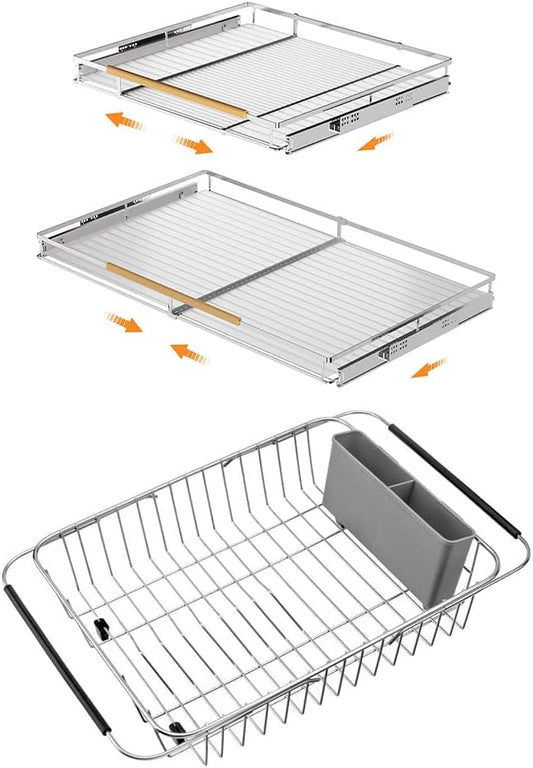SANNO Expandable Pull Out Drawer Organizer and Storage, Cabinet Pots Pans Organizer Sliding Shelf Under Sink Shelf Over The Sink Expandable Dish Drying Rack,Dish Rack, Stainless Steel