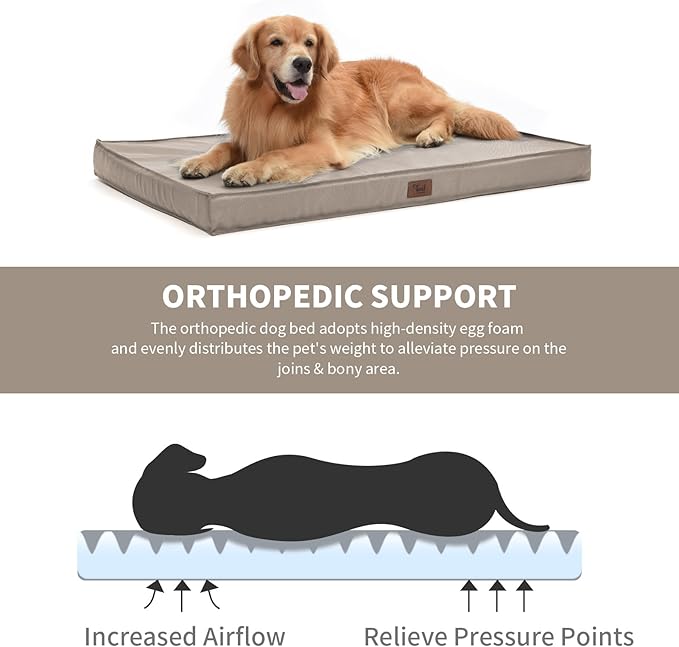 Outdoor Large Washable Dog Bed, Orthopedic Egg Crate Foam Dog Crate Mat for Large Dogs with Removable Oxford Cooling Cover, Khaki