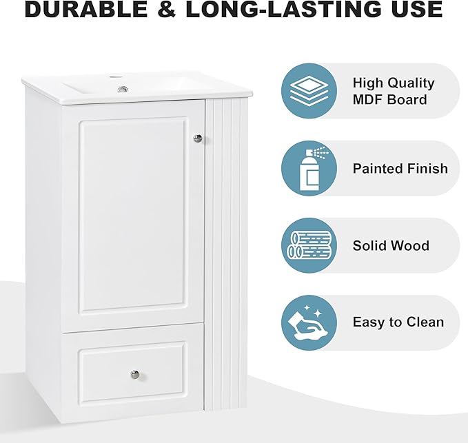 20 in Small Bathroom Vanity with Sink,Drawer,Doors and Side Storage & Toilet Paper Holder, Solid Wood & MDF Modern Single Bathroom Sink Cabinet with Drawers,Freestanding (White,20 in)