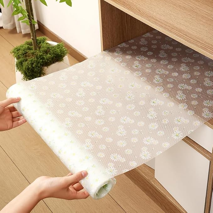 Daisy Flower Shelf Liner for Kitchen Cabinets, Non-Adhesive Drawer Liners, Non-Slip Refrigerator Mat, Washable EVA Cabinet Liner for Pantry, Fridge, Closet, Cupboard, 17.7" x 10 FT