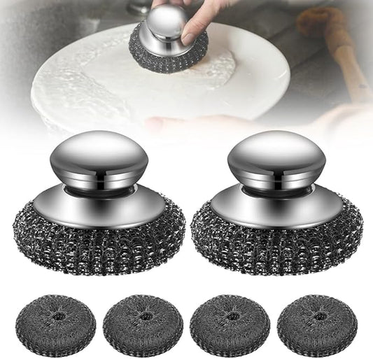 Stainless Steel Wool Scrubber with Handle,2025 New Steel Wool Scrubber with Handle,Replaceable Steel Brush Wool Pads,Detachable Metal Scrubber for Dishes,Iron Pots,Stoves (Scrubber Set/6pcs)