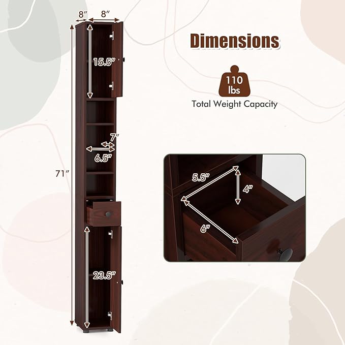 Giantex Slim Bathroom Storage Cabinet - Tall Narrow Floor Cabinet Cupboard with 2 Doors, 5 Adjustable Shelves, Drawer, Anti-Tipping Device, Thin Linen Tower Cabinet for Living Room, Reddish Brown