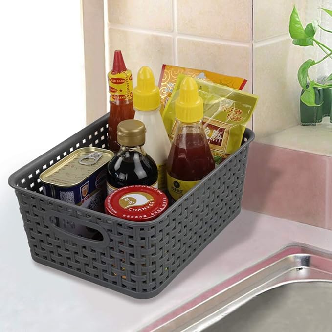 4-Pack Gray Plastic Small Storage Baskets, 10" x 7.7" x 4"