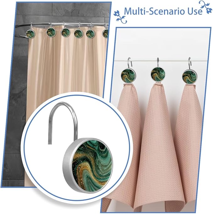 Green Marble Shower Curtain Hooks, 12Pcs Decorative Rust Resistant Shower Rings for Shower Curtain Rods, Stainless Steel Round Curtain Hooks for Bathroom, Bedroom, Farmhouse