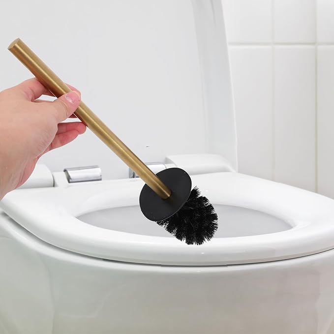 Gold Toilet Brush and 304 Stainless Steel Holder Set with 3 Replacement Brush Heads Standing Bathroom Cleaning for Home