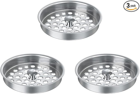 3 PCS Commercial Kitchen Sink Strainer Basket Replacement for 3-1/2 sink drain assembly–304 Stainless Steel Drain Filter, Flat Cover Basket for Food Scraps, Prevents Clogs, Heavy-Duty