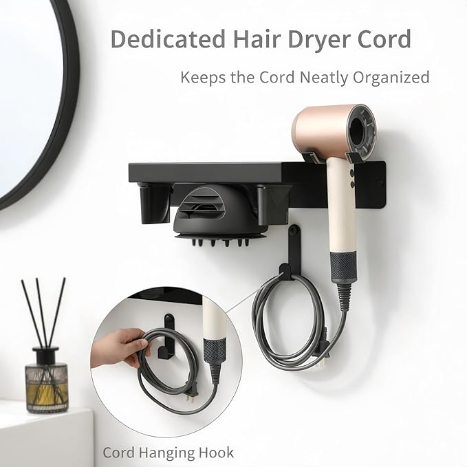 Hair Dryer Holder Wall Mount for Dyson, Blow Dryer Holder Compatible with Dyson Accessories, Stainless Steel Hair Dryer Stand Holds Up to 5 Attachments, Bathroom, Black