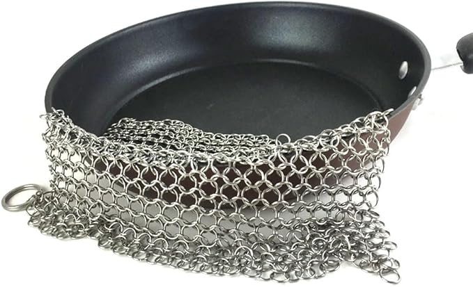 4in/10.2cm Round Cast Iron Scrubber, 316 Stainless Steel Scrubber Steel Wool Scrubber, Chain Mail Scrubber Cast Iron for Cleaning Dishes, Stock Pots, Cast Iron Skillets