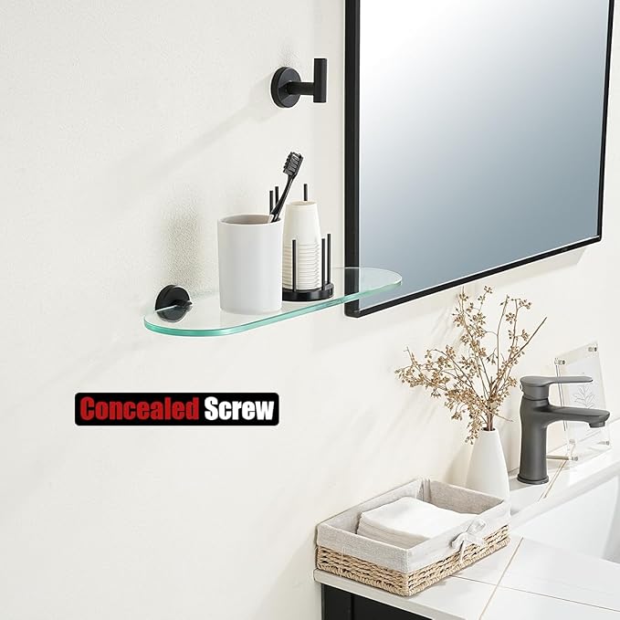 JQK Bathroom Glass Shelf Black, Tempered Glass Shower Storage 16 by 5 inches, 304 Stainless Steel Matte Black Wall Mount, TGS121L16-PB