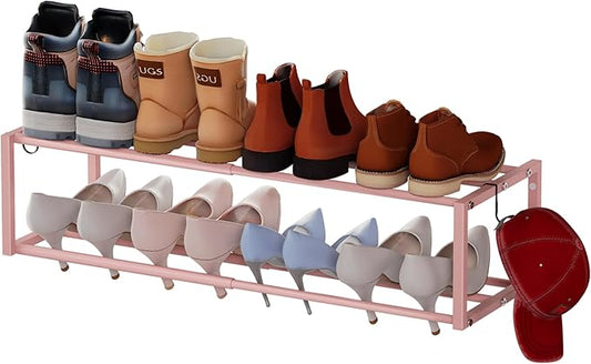 Expandable Wall Mounted Shoe Rack, 17"-31" Adjustable Hanging Shoe Rack Holds 8 Pairs, Heavy Duty Metal Shoe Holder with 2 Storage Hooks, Space Saving for Entryway Closet Doorway（Pink）