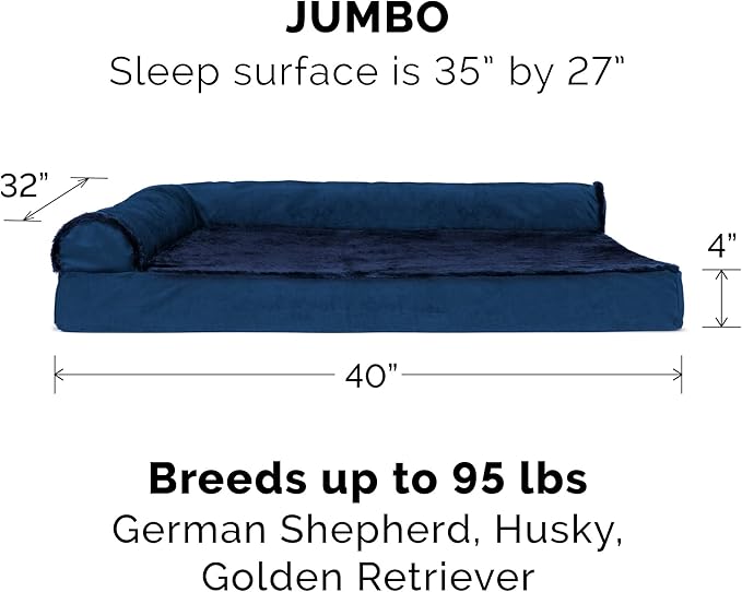 Furhaven Orthopedic Dog Bed for Large Dogs w/ Removable Bolsters & Washable Cover, For Dogs Up to 95 lbs - Plush & Velvet L Shaped Chaise - Deep Sapphire, Jumbo/XL