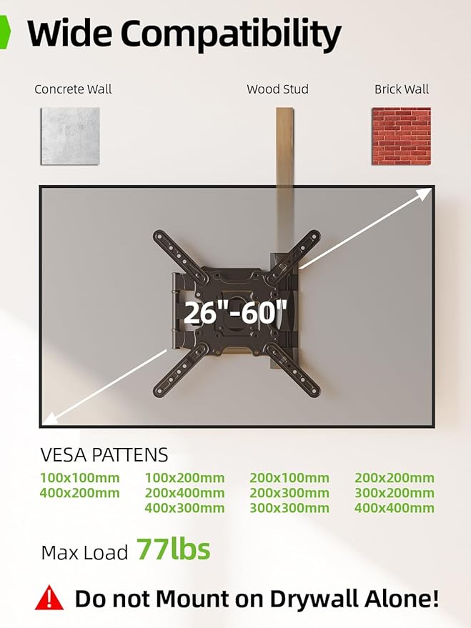 USX MOUNT UL Listed TV Wall Mount for Most 26-60 Inch TVs, Wall Mount TV Brackets with Swivel, Tilt, Rotating, Center Corner Design on Single Stud, Up to 77 lbs Max VESA 400x400mm